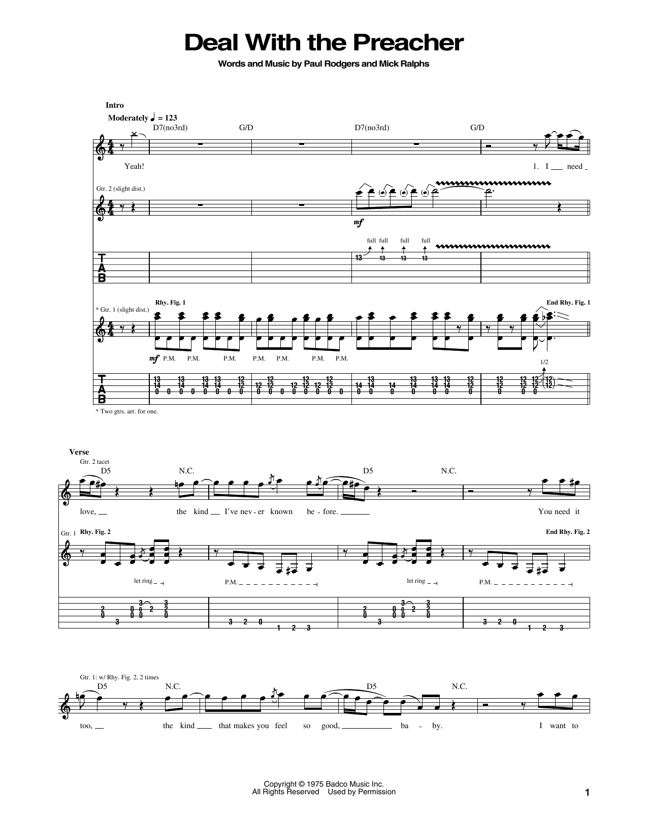 Bad Company Deal With The Preacher Sheet Music