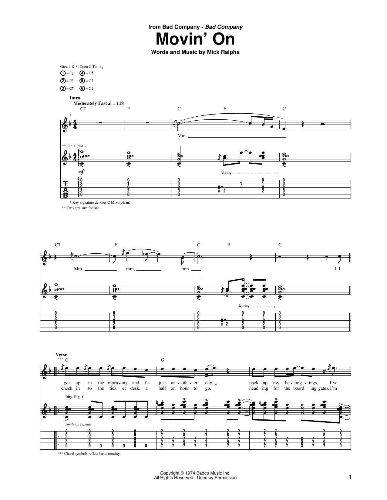 Bad Company Movin' On Sheet Music