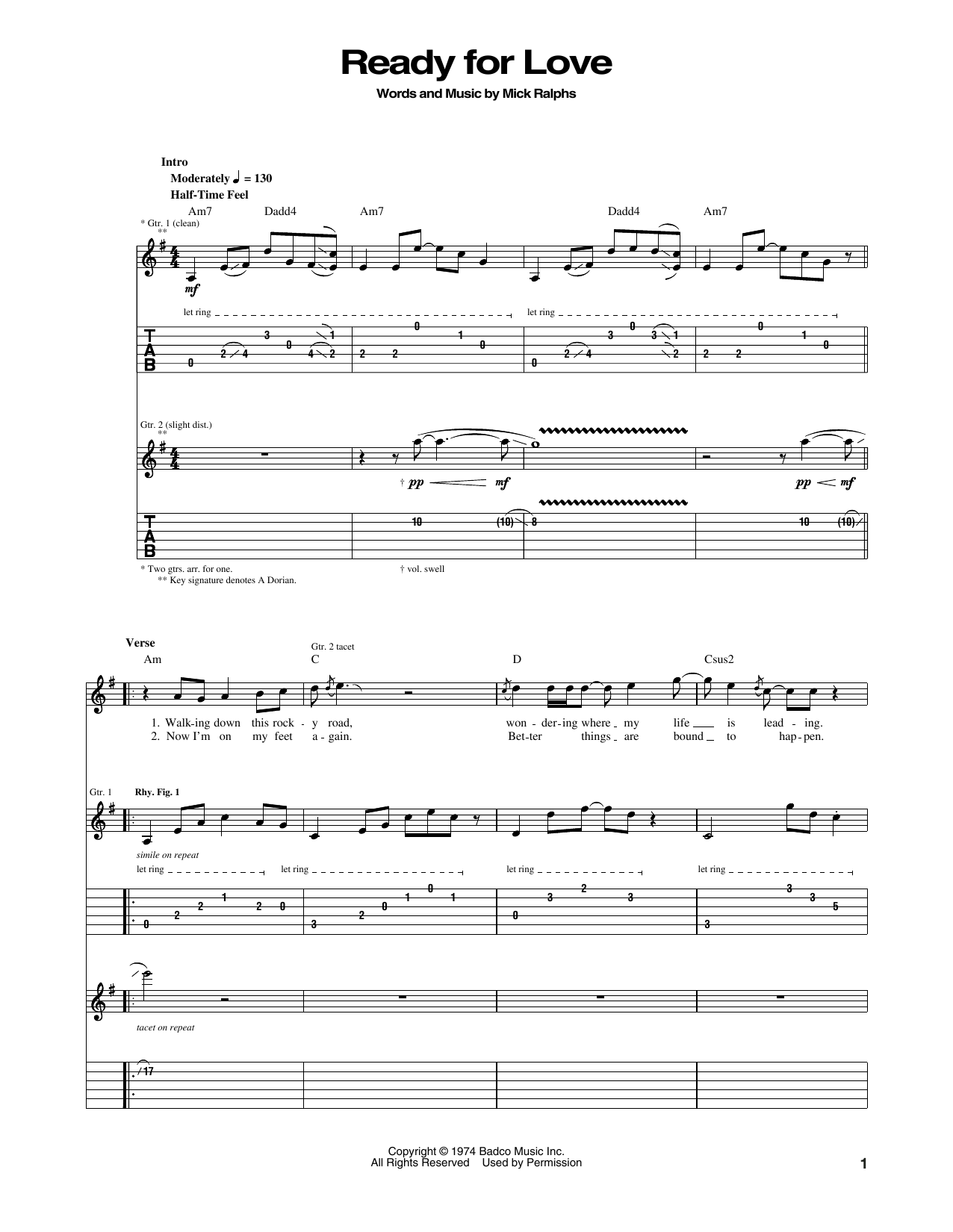 Bad Company Ready For Love Sheet Music