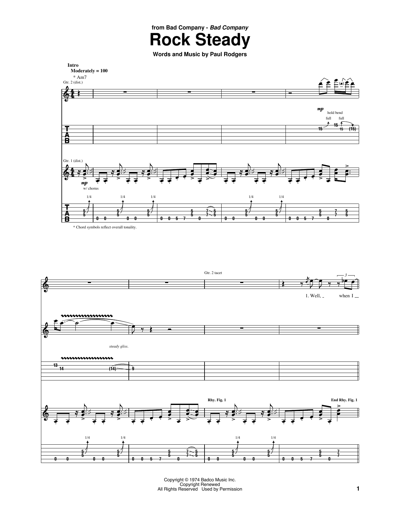 Bad Company Rock Steady Sheet Music