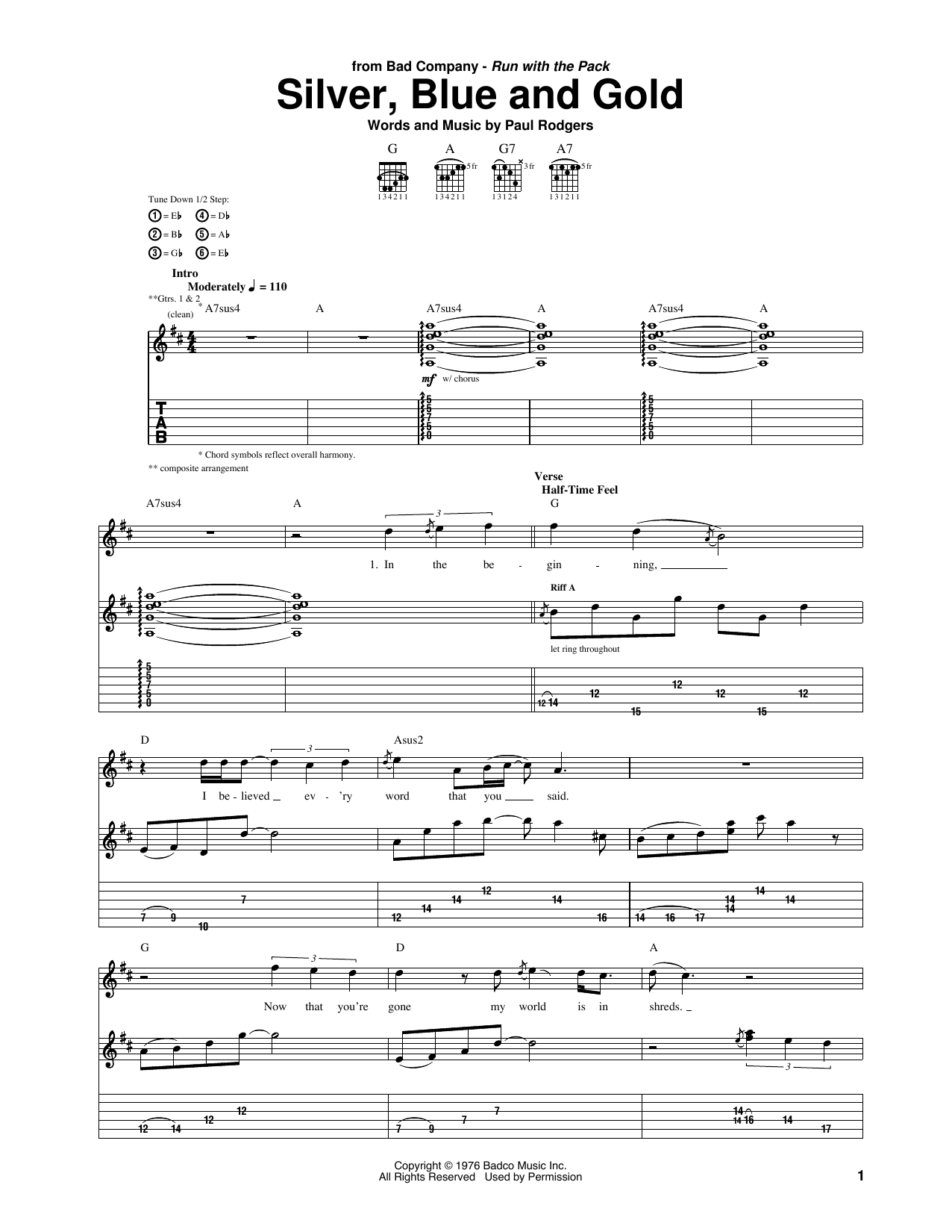 Bad Company Silver, Blue And Gold Sheet Music