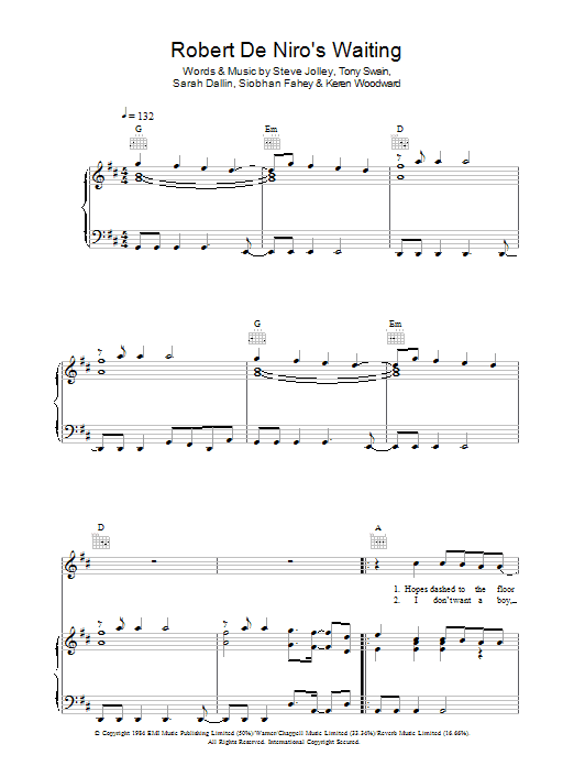 Bananarama Robert De Niro's Waiting Sheet Music