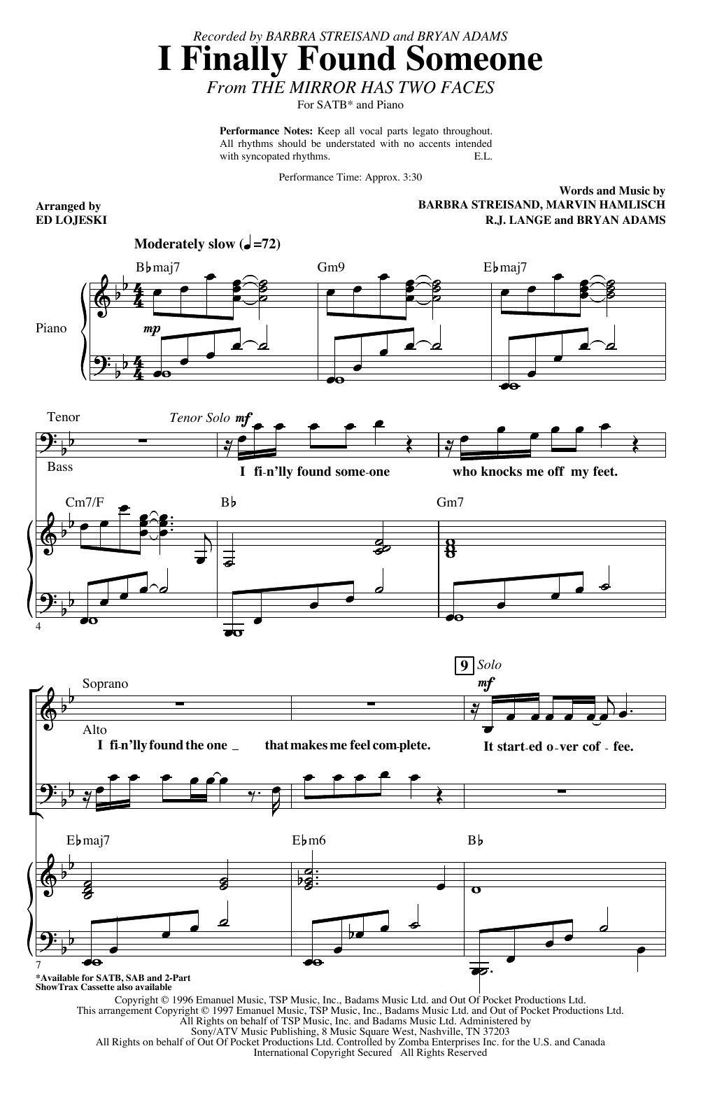 Barbra Streisand and Bryan Adams I Finally Found Someone (arr. Ed Lojeski) Sheet Music