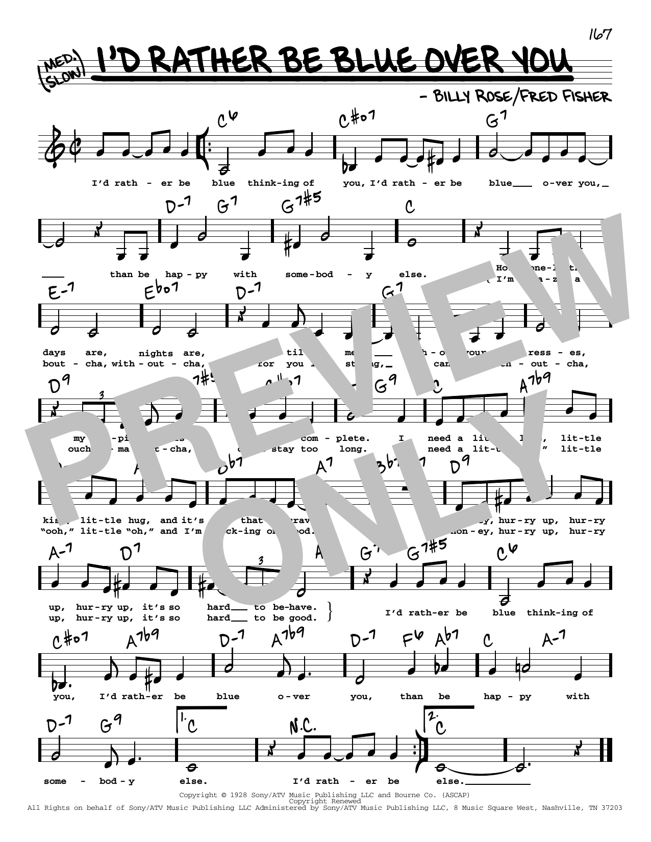 Barbra Streisand I'd Rather Be Blue Over You (from Funny Girl) (Low Voice) Sheet Music