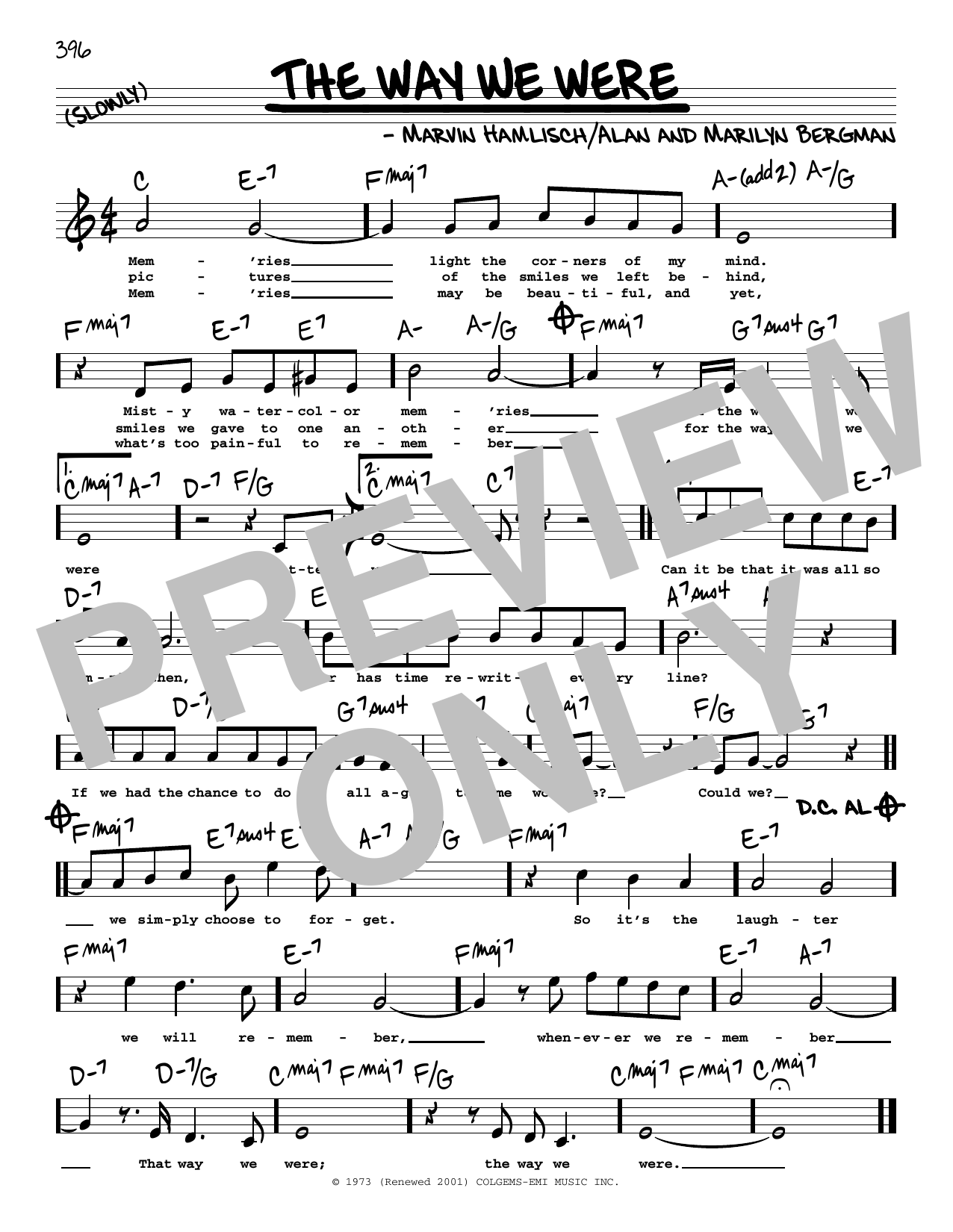 Barbra Streisand The Way We Were (High Voice) Sheet Music