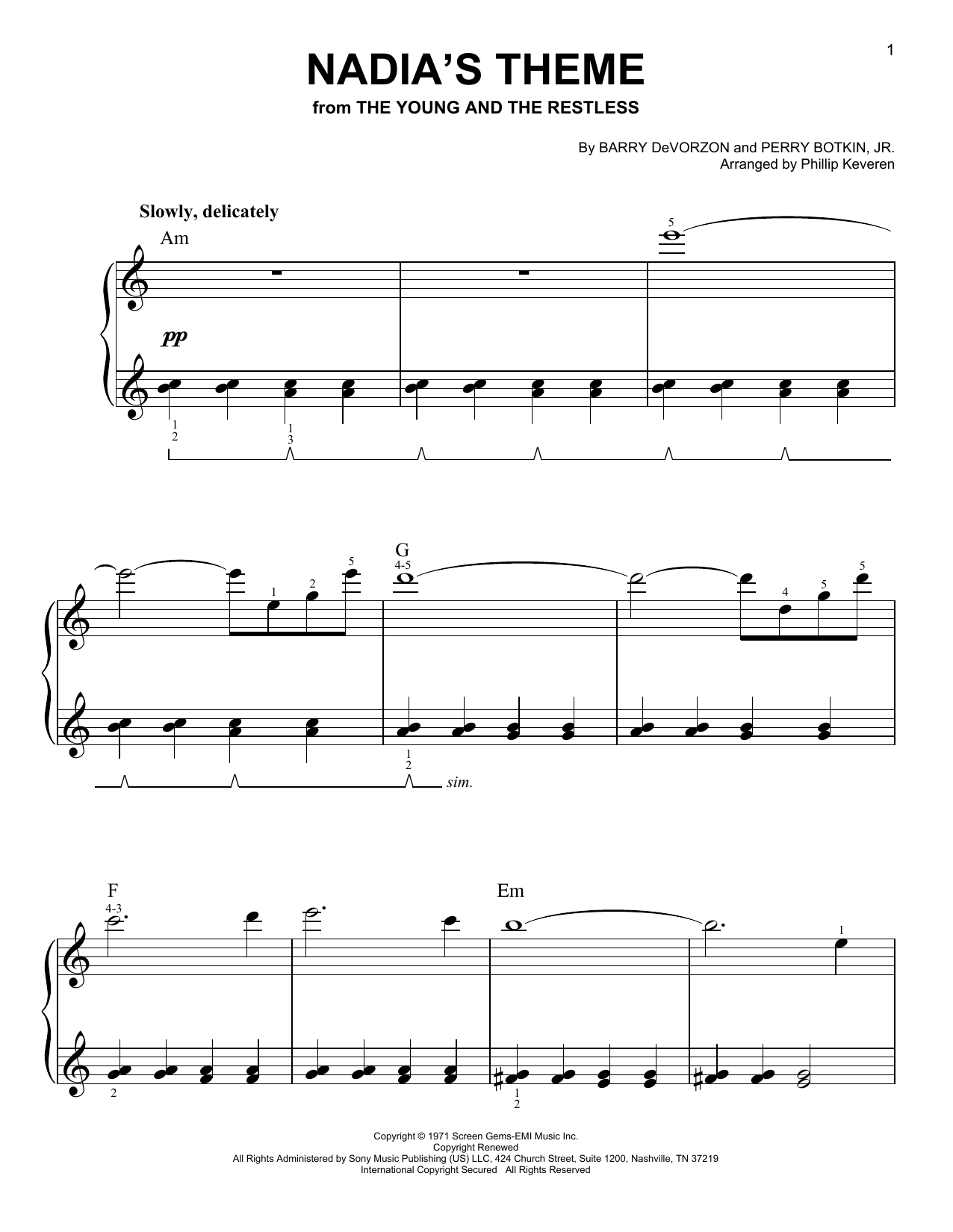 Barry DeVorzon & Perry Botkin, Jr. Nadia's Theme (arr. Phillip Keveren) Sheet Music