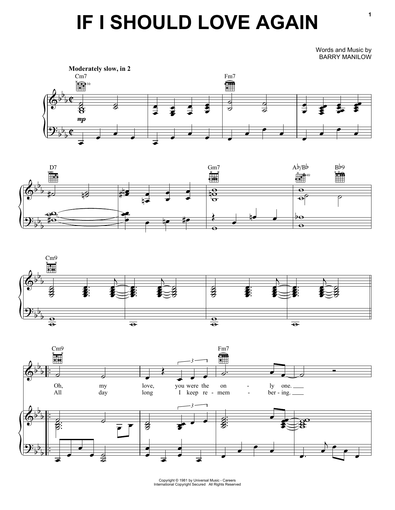 Barry Manilow If I Should Love Again Sheet Music