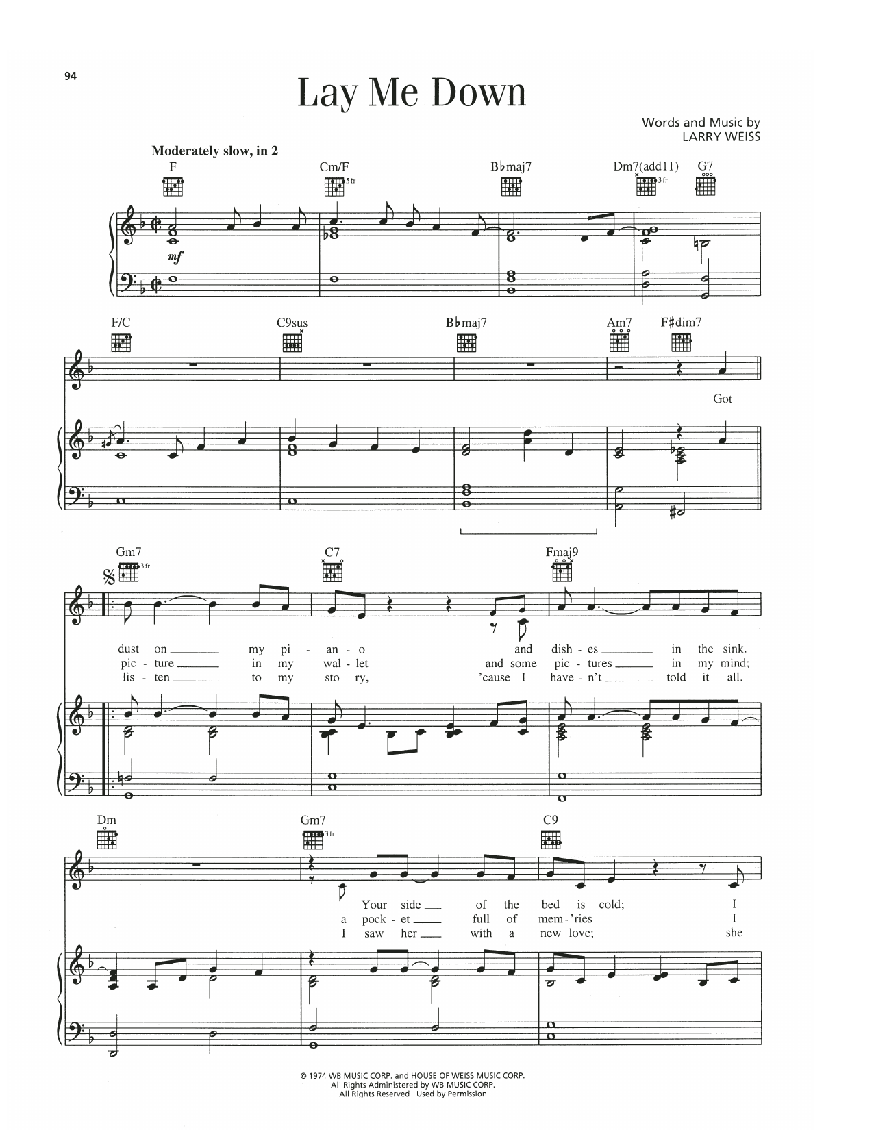 Barry Manilow Lay Me Down Sheet Music