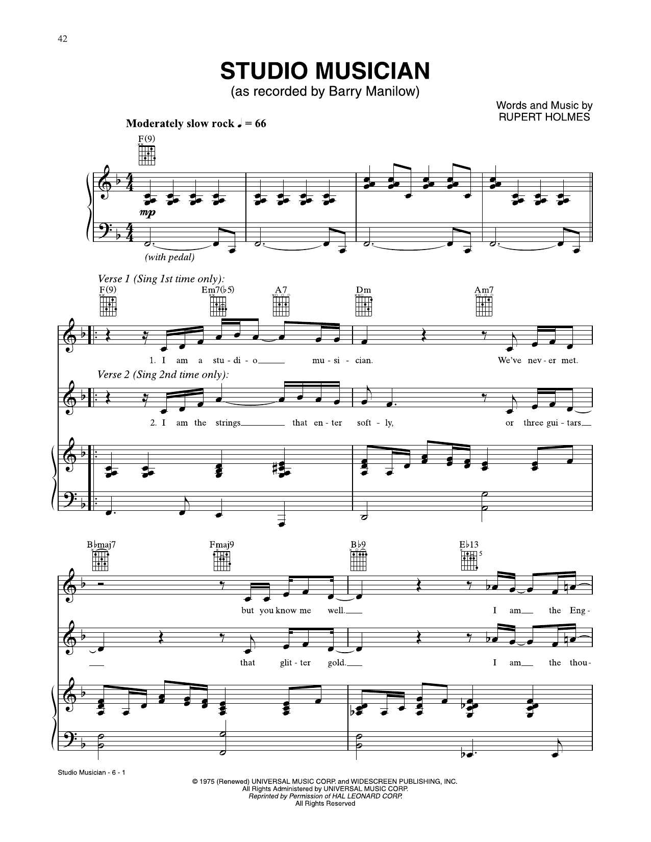 Barry Manilow Studio Musician Sheet Music