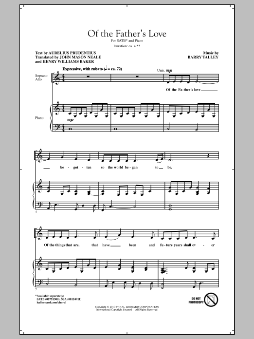 Barry Talley Of The Father's Love Sheet Music