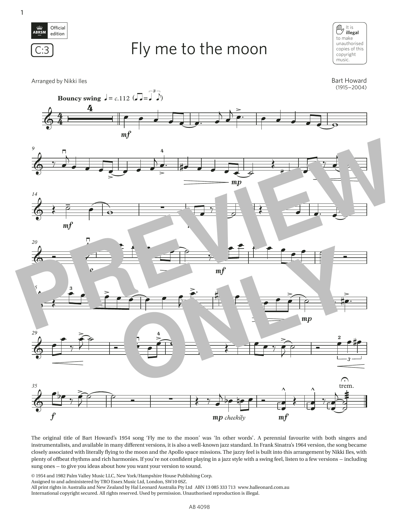 Bart Howard Fly me to the moon (Grade 4, C3, from the ABRSM Violin Syllabus from 2024) Sheet Music