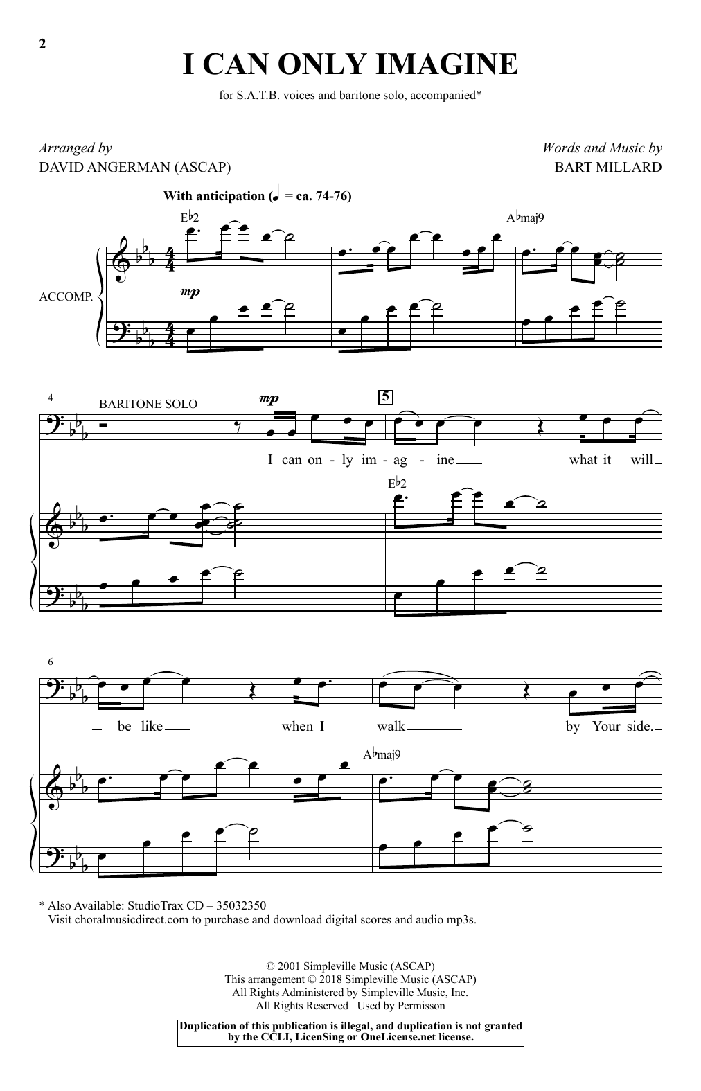 Bart Millard I Can Only Imagine (arr. David Angerman) Sheet Music