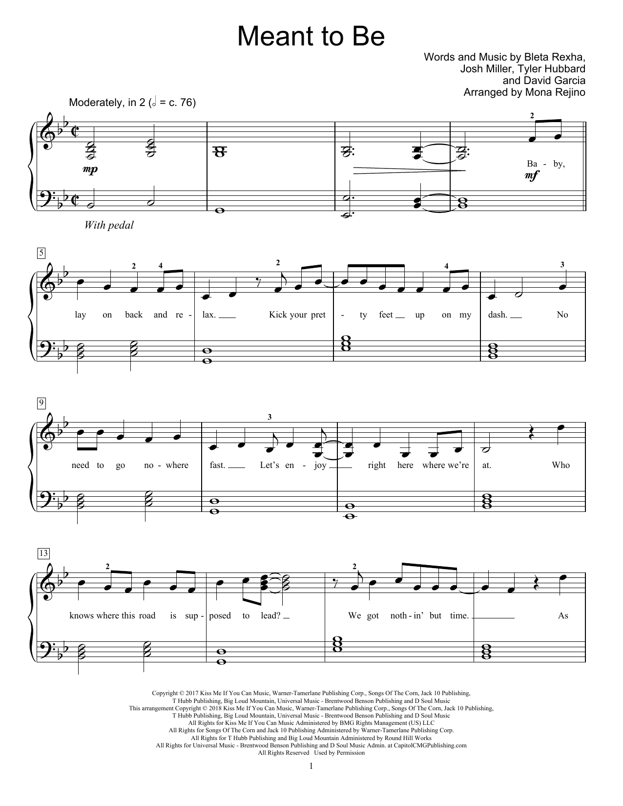 Bebe Rexha Meant To Be (feat. Florida Georgia Line) (arr. Mona Rejino) Sheet Music