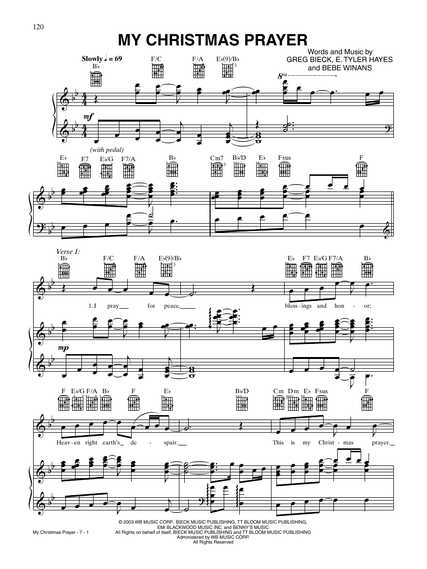 BeBe Winans My Christmas Prayer Sheet Music