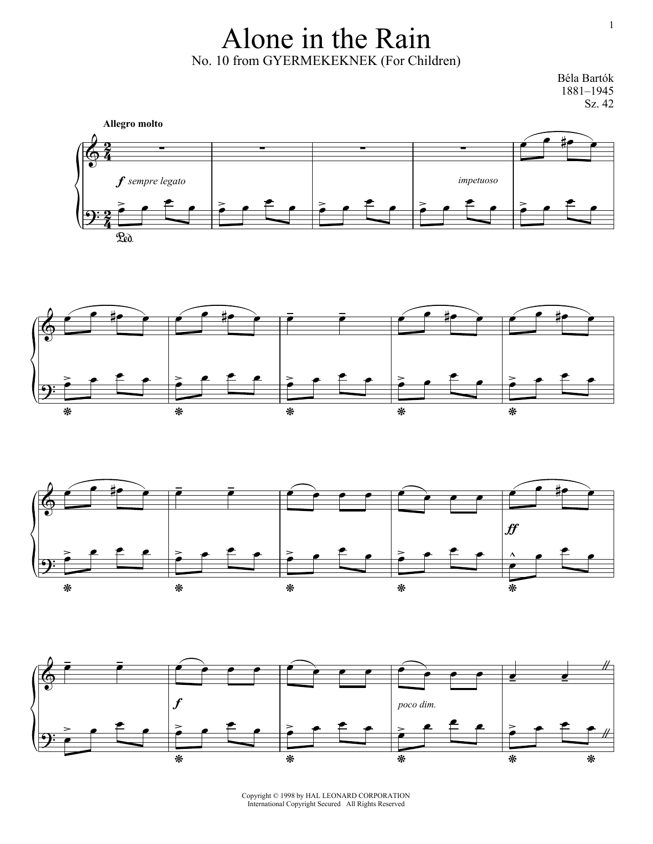 Béla Bartók Alone In The Rain Sheet Music