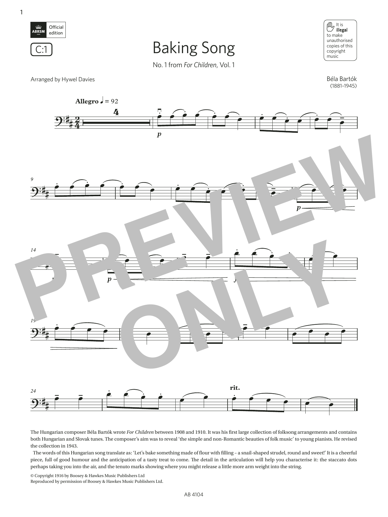 Bela Bartók Baking Song (Grade 1, C1, from the ABRSM Cello Syllabus from 2024) Sheet Music