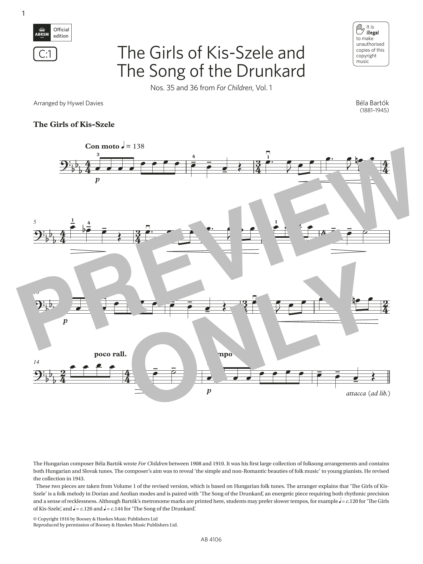 Béla Bartók The Girls of Kis-Szele and The Song of the Drunkard (Grade 3, C1 from the ABRSM Sheet Music
