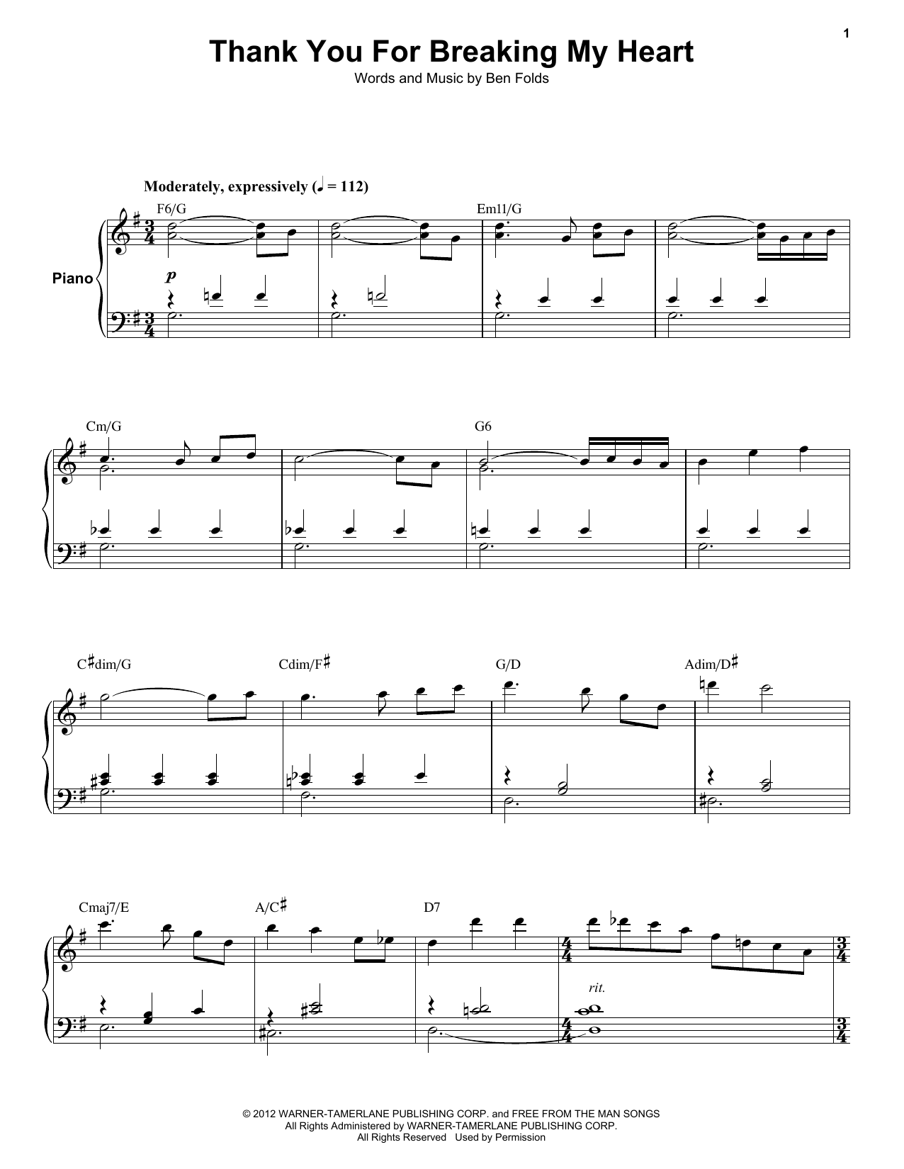 Ben Folds Five Thank You For Breaking My Heart Sheet Music