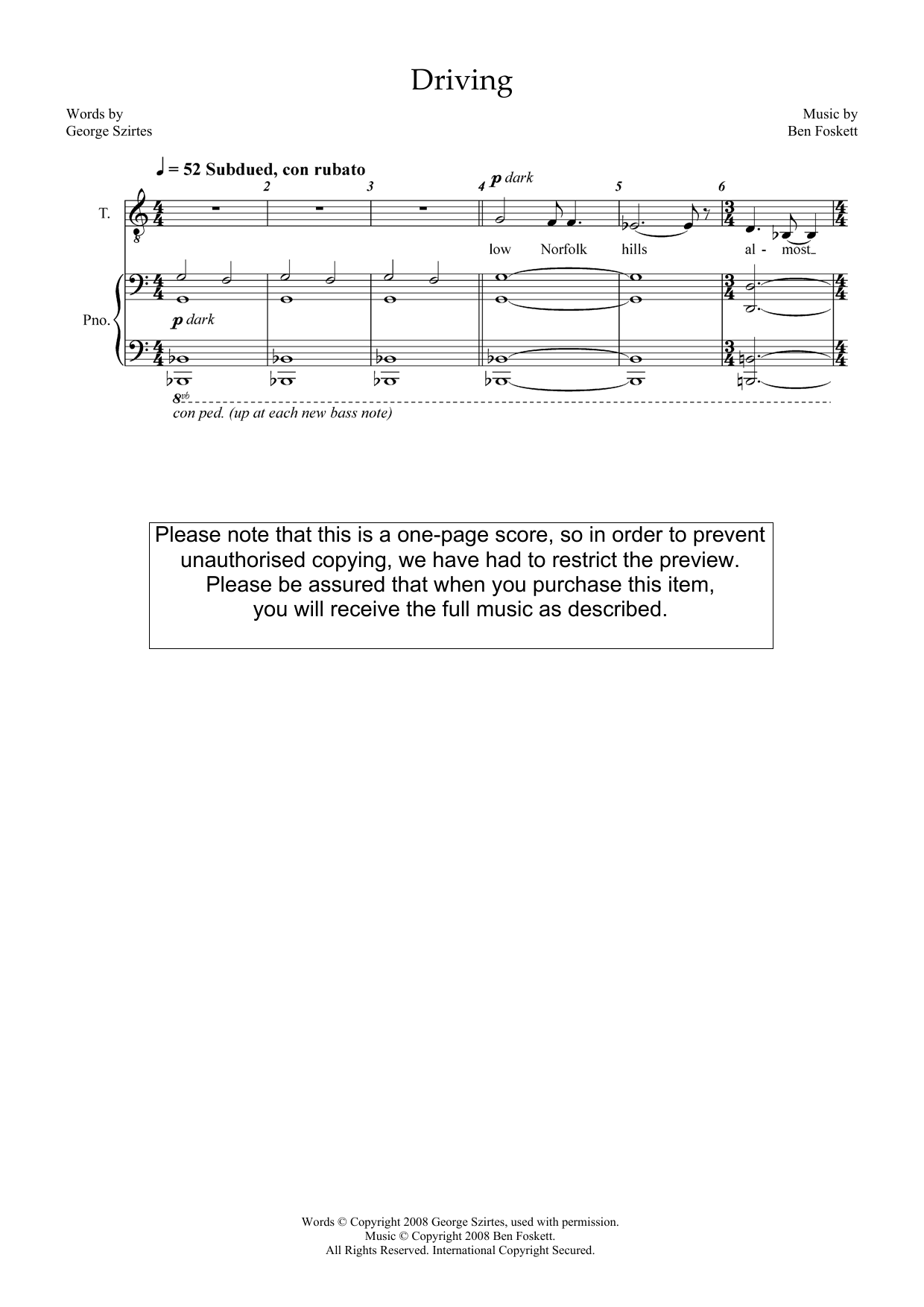Ben Foskett Driving (for tenor and piano) Sheet Music