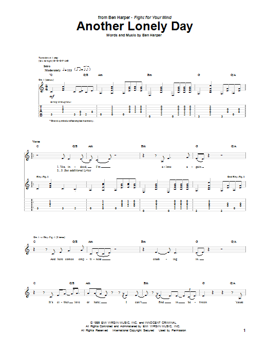 Ben Harper Another Lonely Day Sheet Music