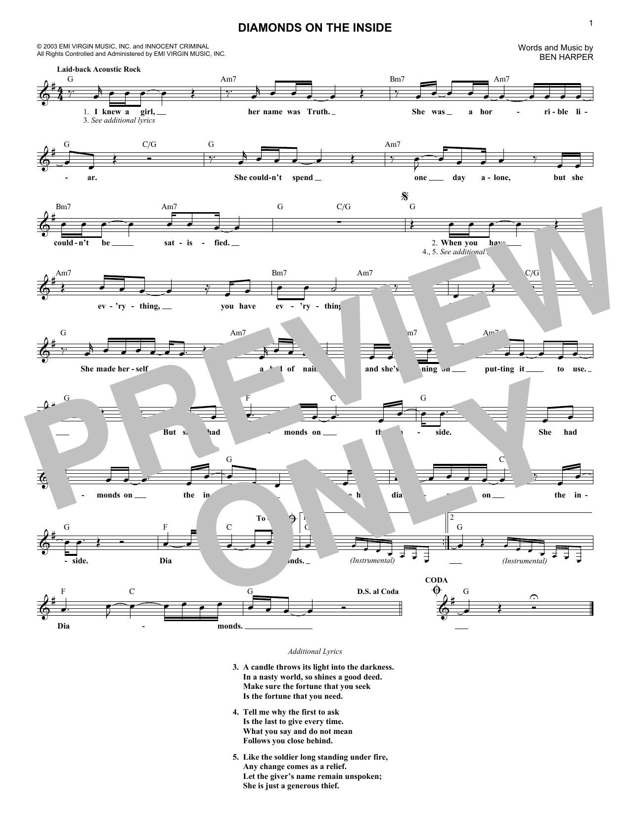 Ben Harper Diamonds On The Inside Sheet Music