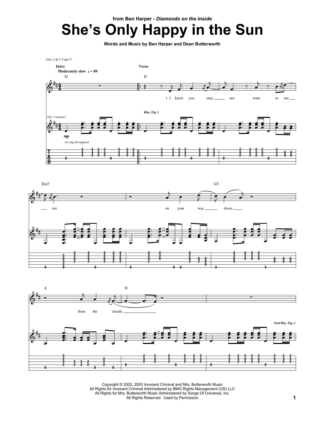 Ben Harper She's Only Happy In The Sun Sheet Music