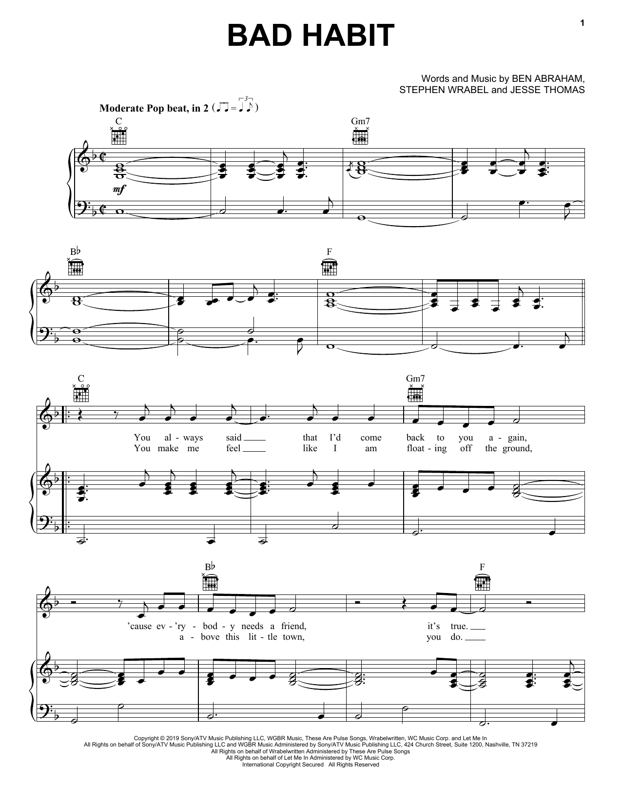 Ben Platt Bad Habit Sheet Music