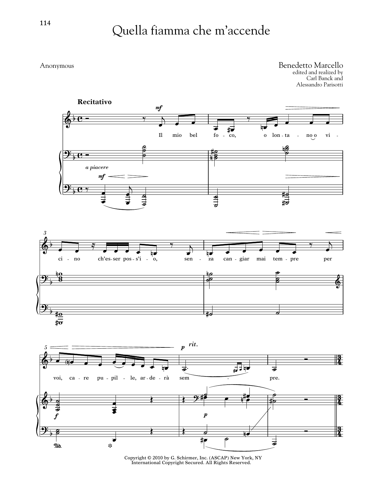 Benedetto Marcello Quella Fiamma Che M'accende (Low Voice) Sheet Music