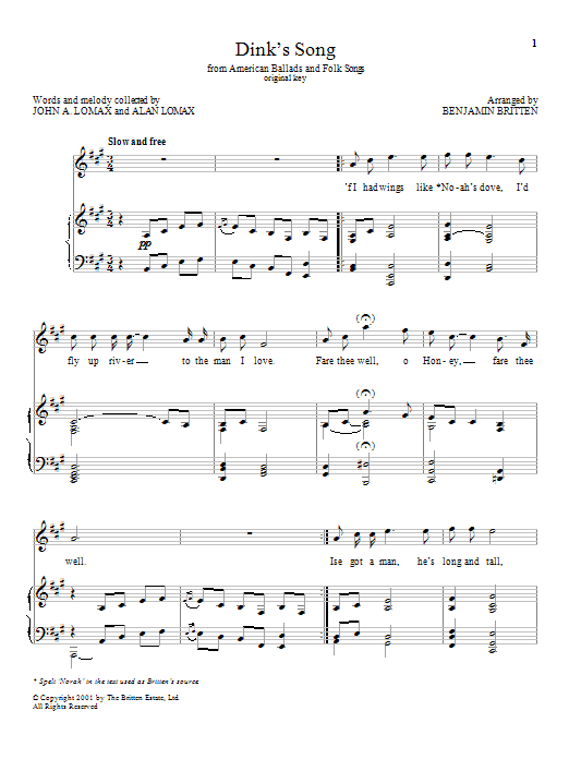 Benjamin Britten Dink's Song Sheet Music