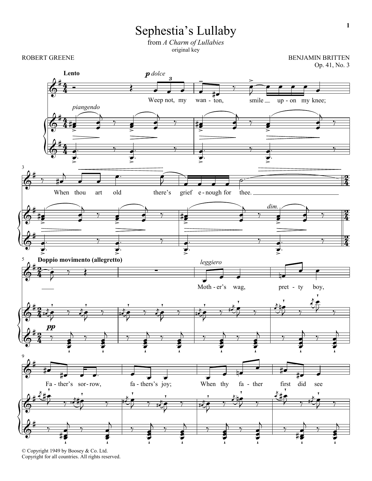 Benjamin Britten Sephestia's Lullaby Sheet Music
