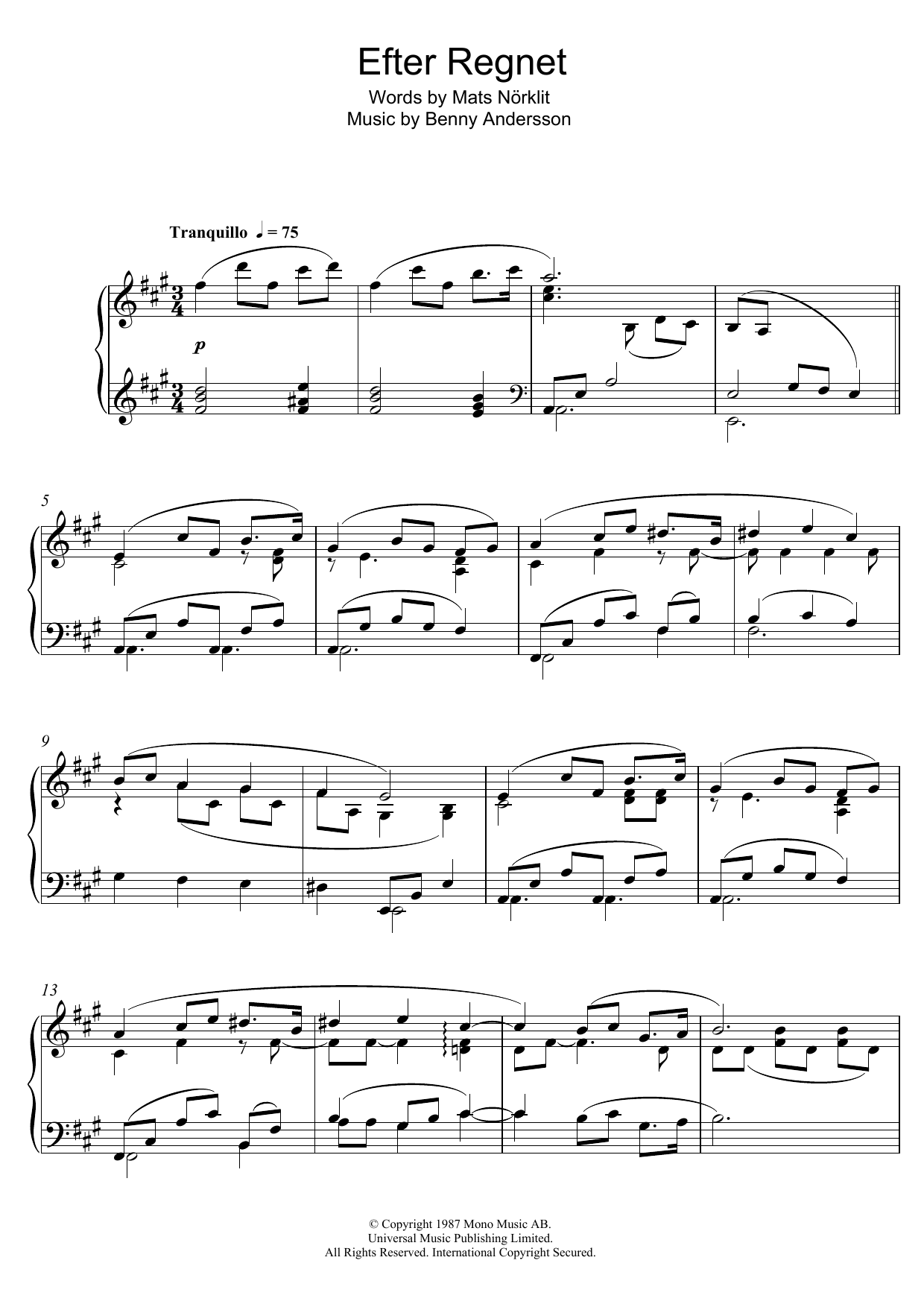 Benny Andersson Efter Regnet Sheet Music