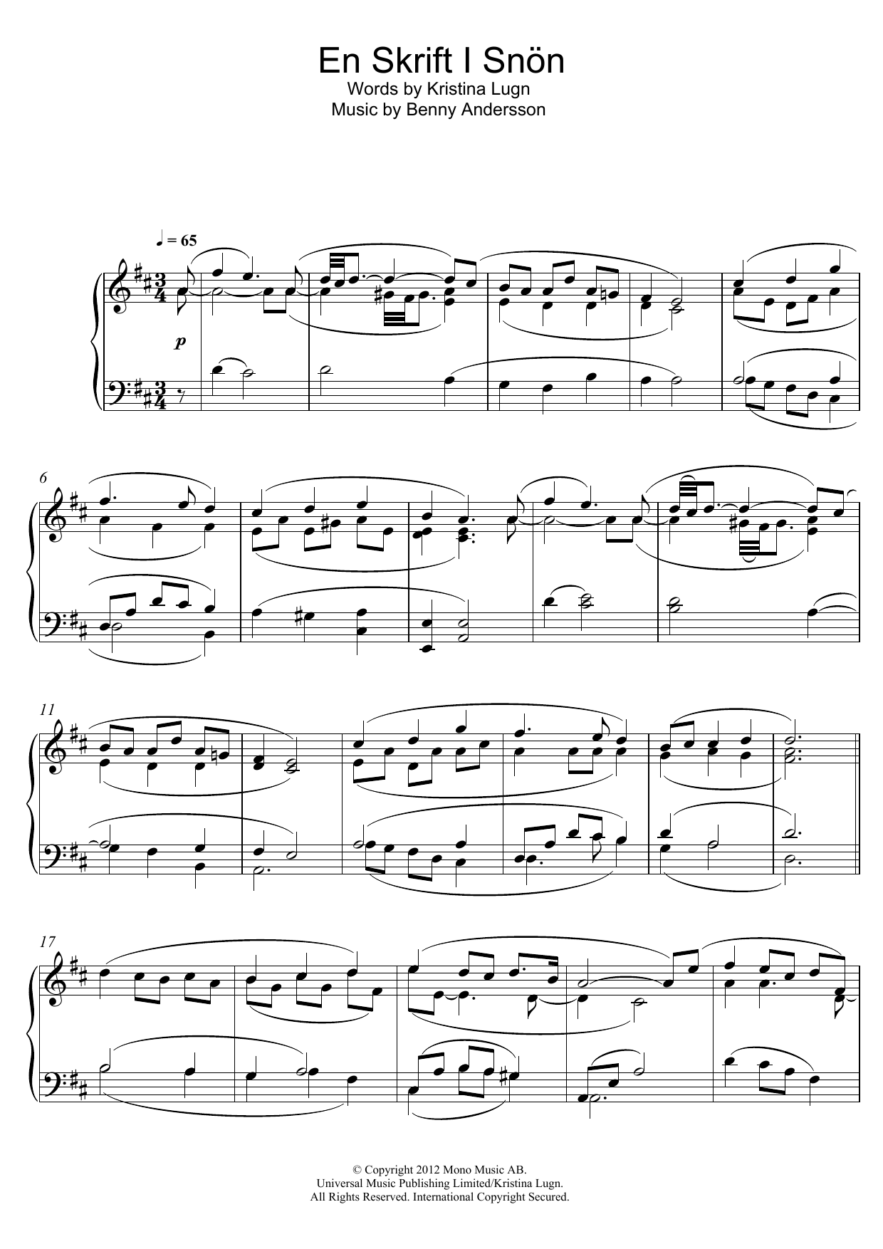 Benny Andersson En Skrift I Snon Sheet Music