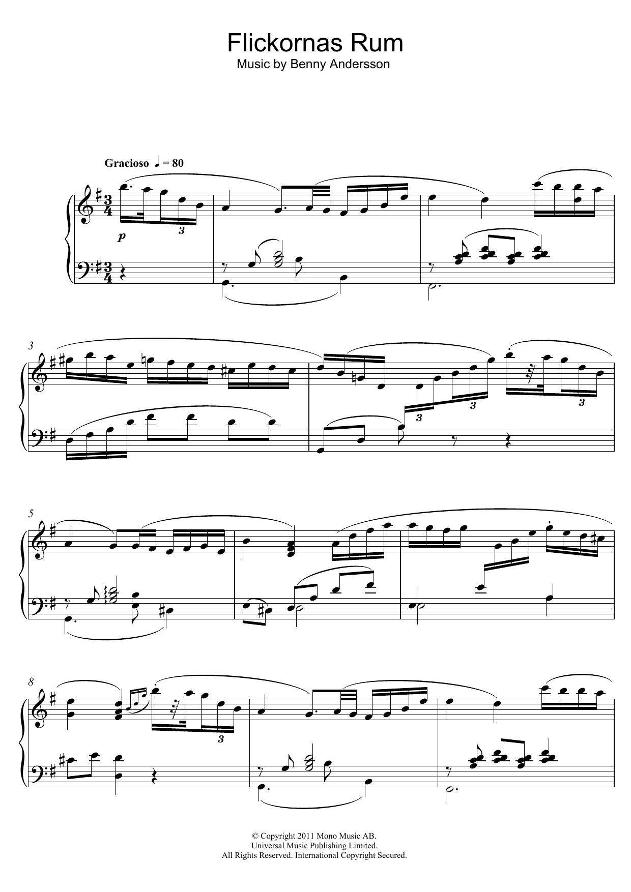 Benny Andersson Flickornas Rum Sheet Music