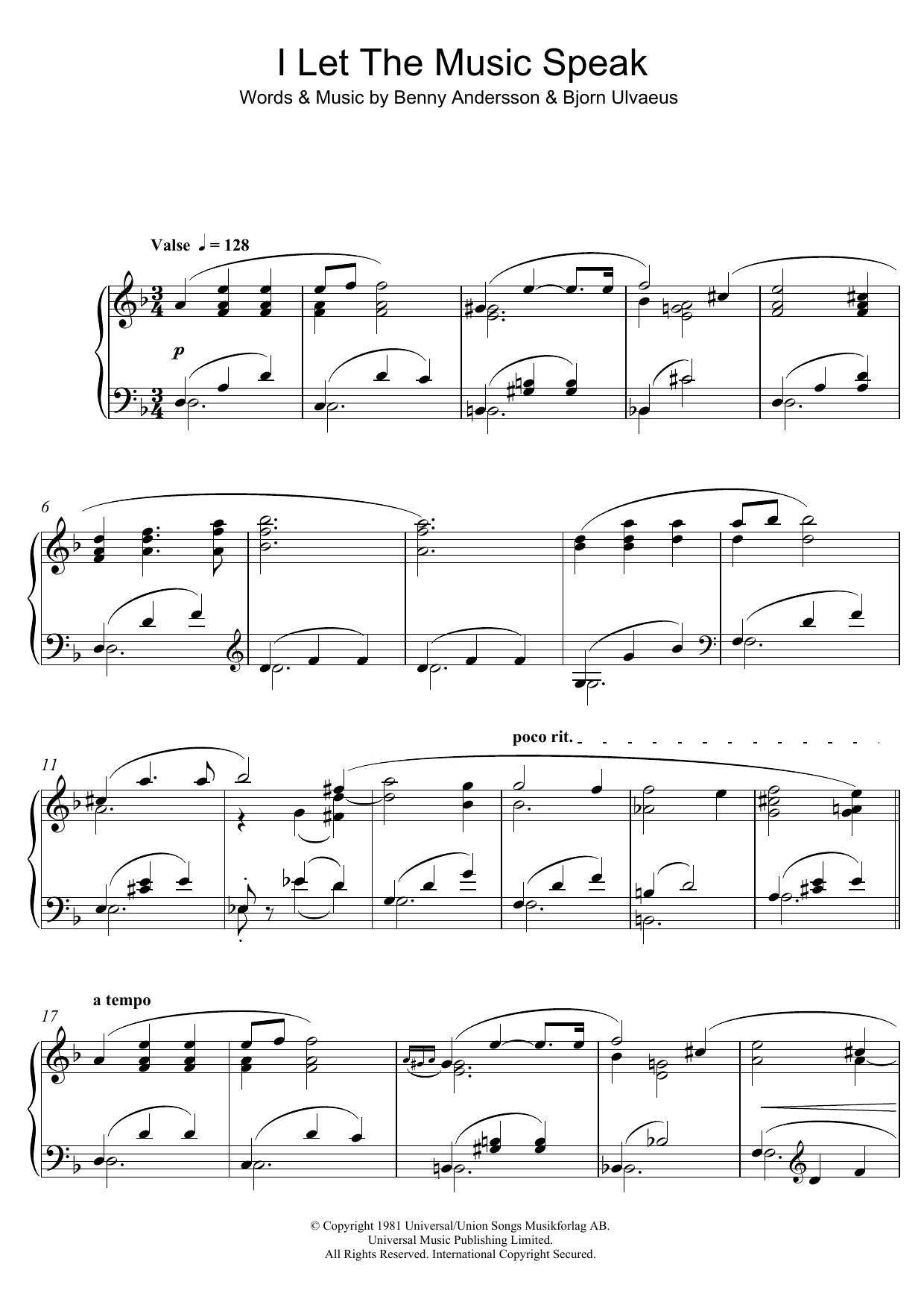 Benny Andersson I Let The Music Speak Sheet Music