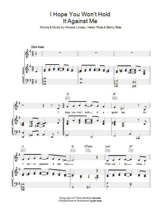 Benny Ross I Hope You Won't Hold It Against Me Sheet Music