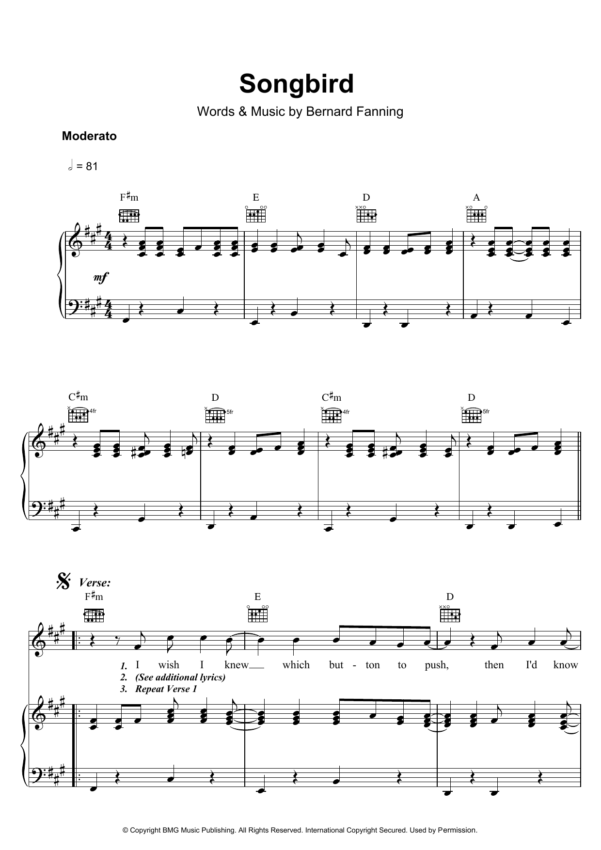 Bernard Fanning Songbird Sheet Music