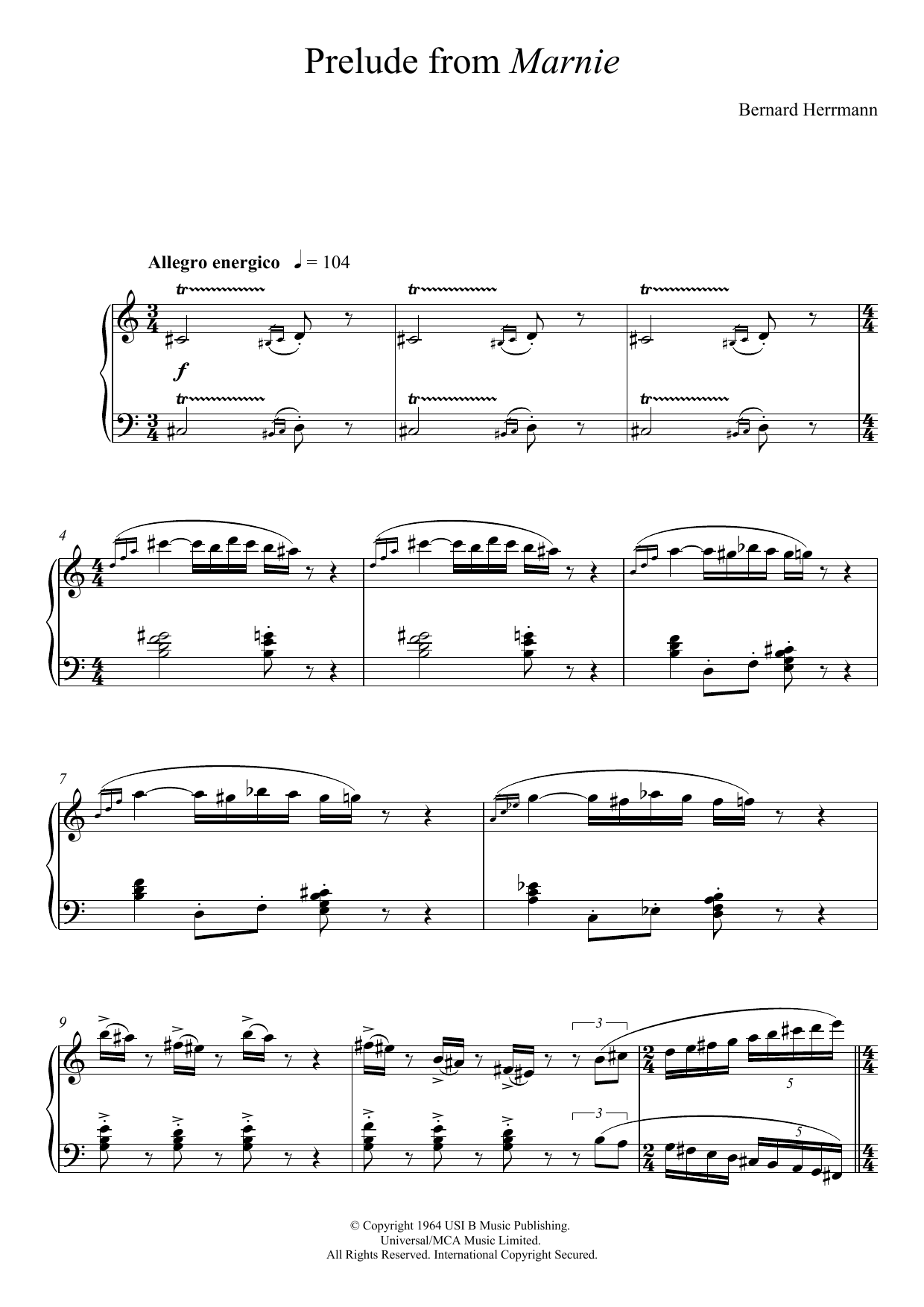 Bernard Herrmann Prelude From Marnie Sheet Music