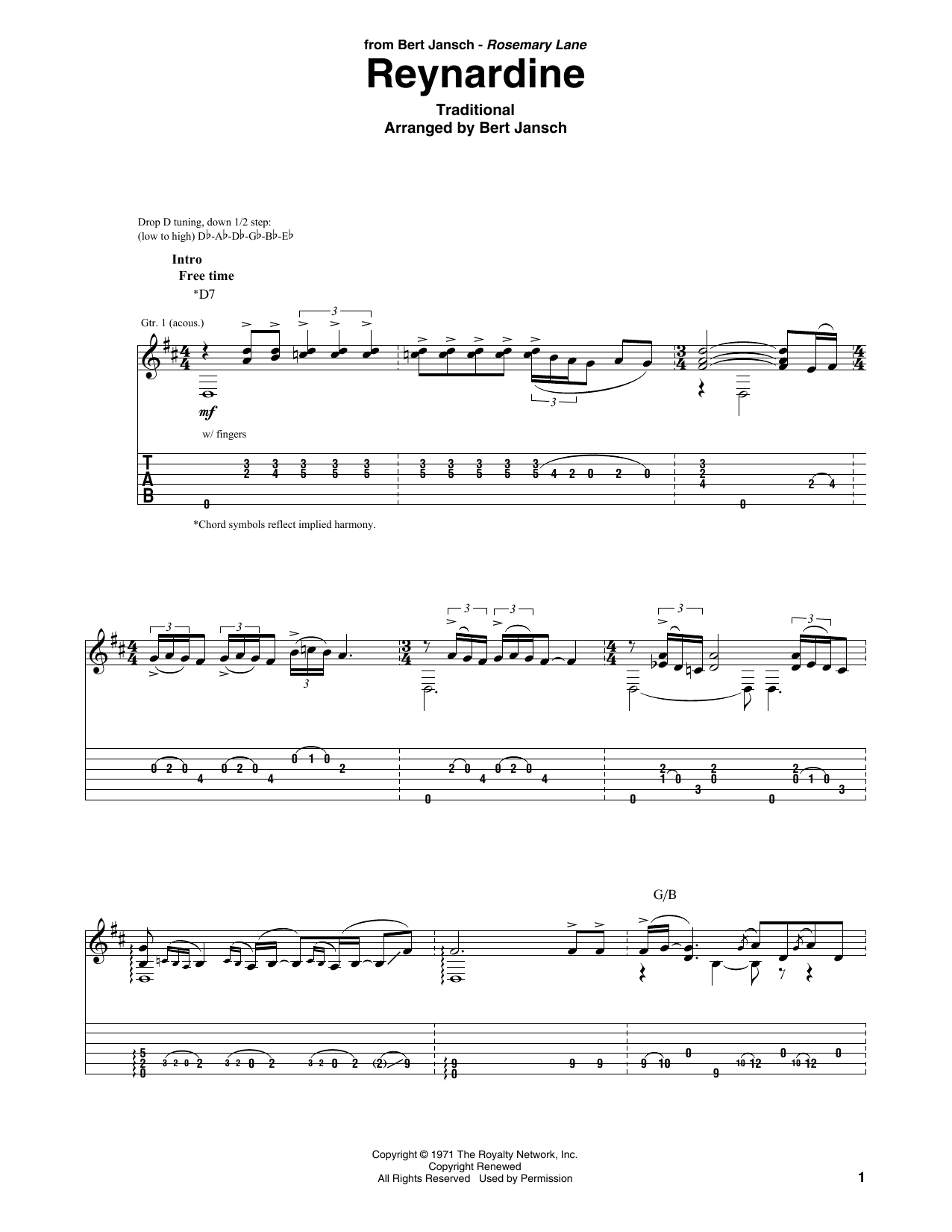 Bert Jansch Reynardine Sheet Music