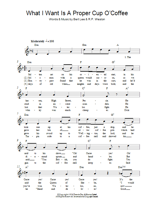 Bert Lee What I Want Is A Proper Cup O'Coffee Sheet Music