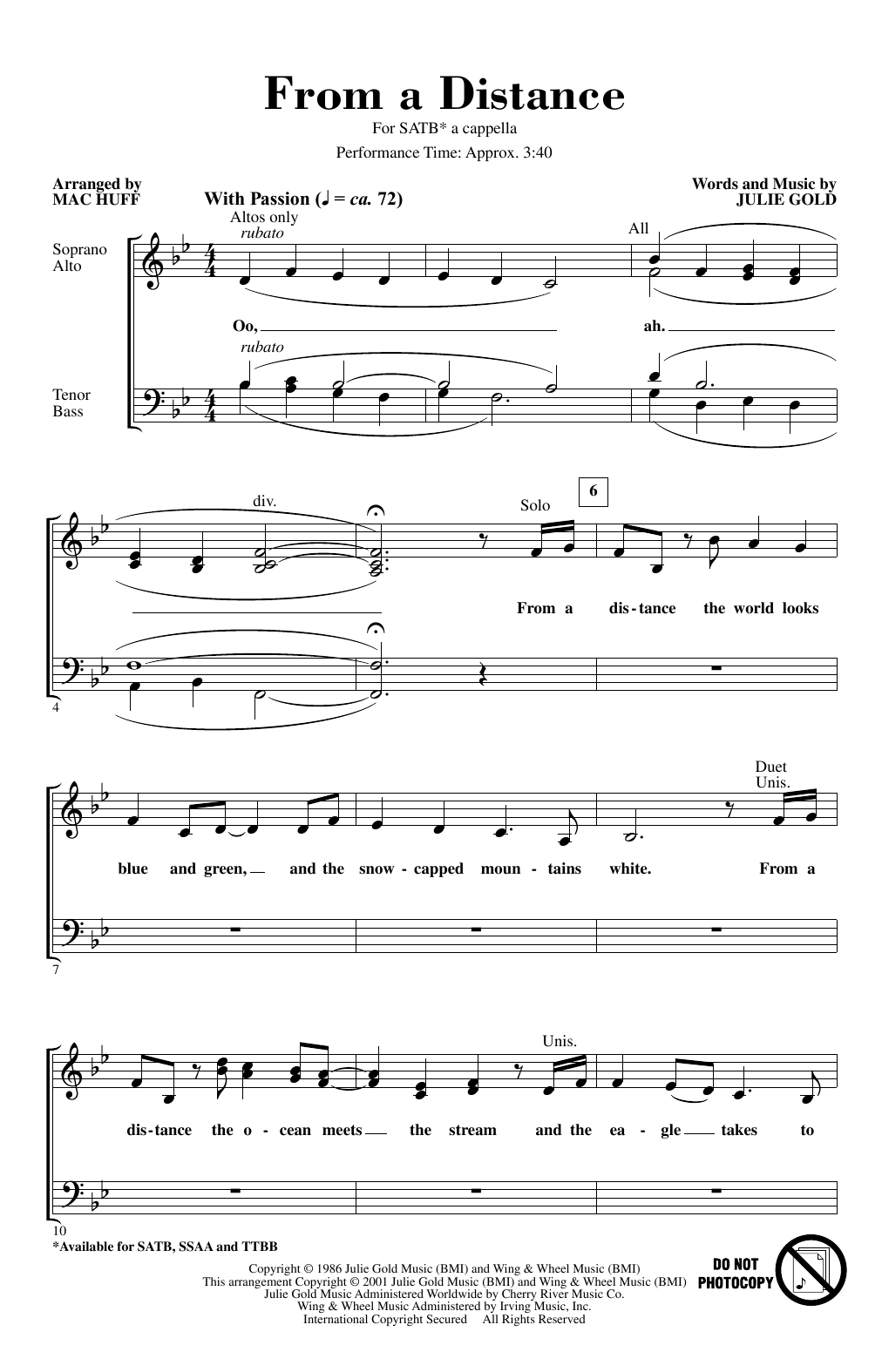 Bette Midler From A Distance (arr. Mac Huff) Sheet Music