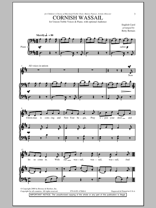 Betty Bertaux Cornish Wassail Sheet Music