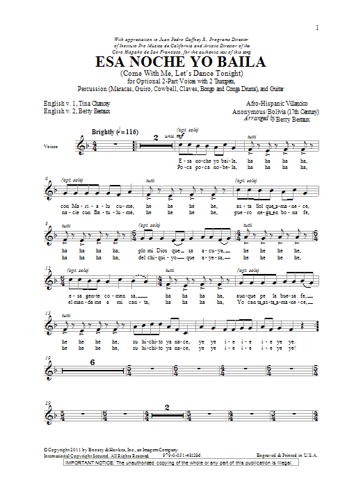 Betty Bertaux Esa Noche Yo Baila (Come With Me, Let's Dance Tonight) Sheet Music
