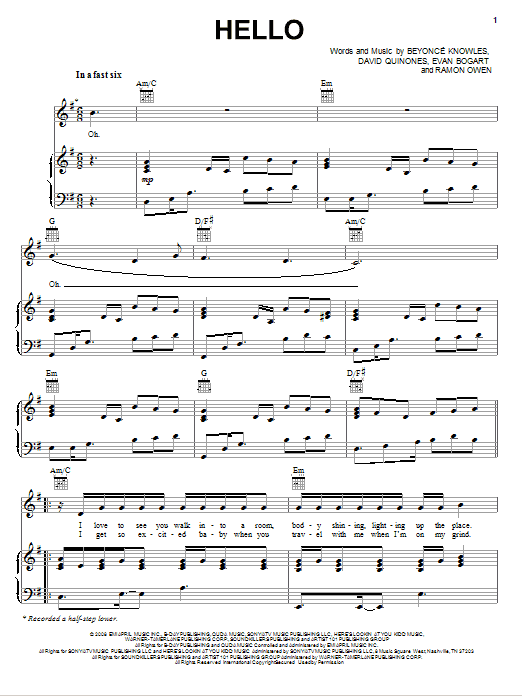 Beyonce Hello Sheet Music