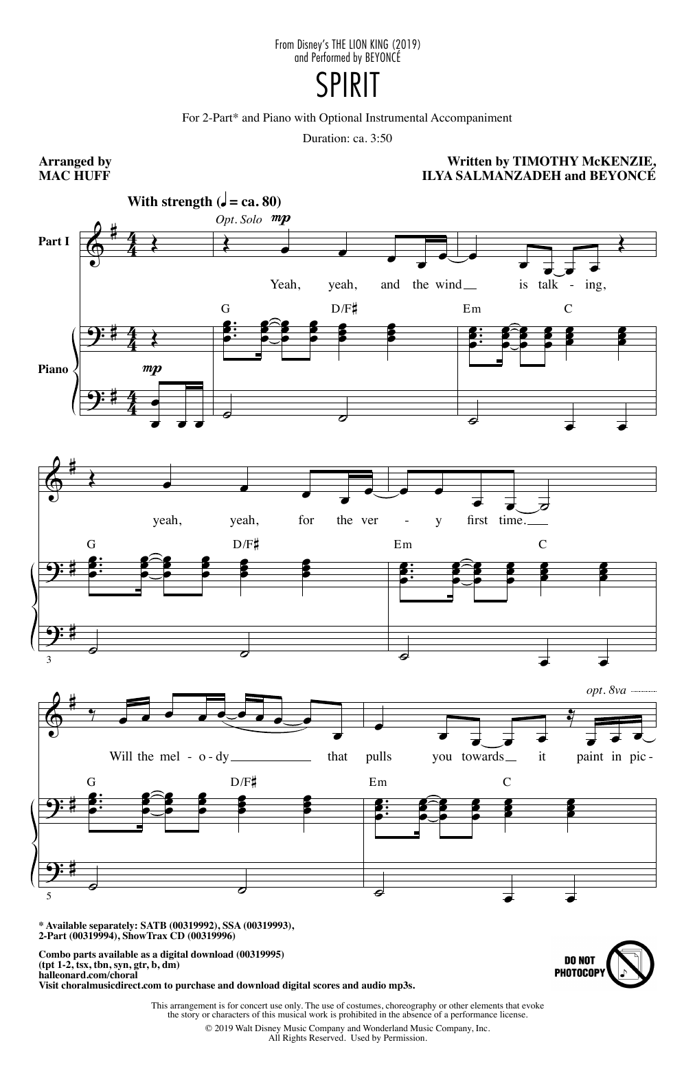 Beyonce Spirit (from The Lion King 2019) (arr. Mac Huff) Sheet Music