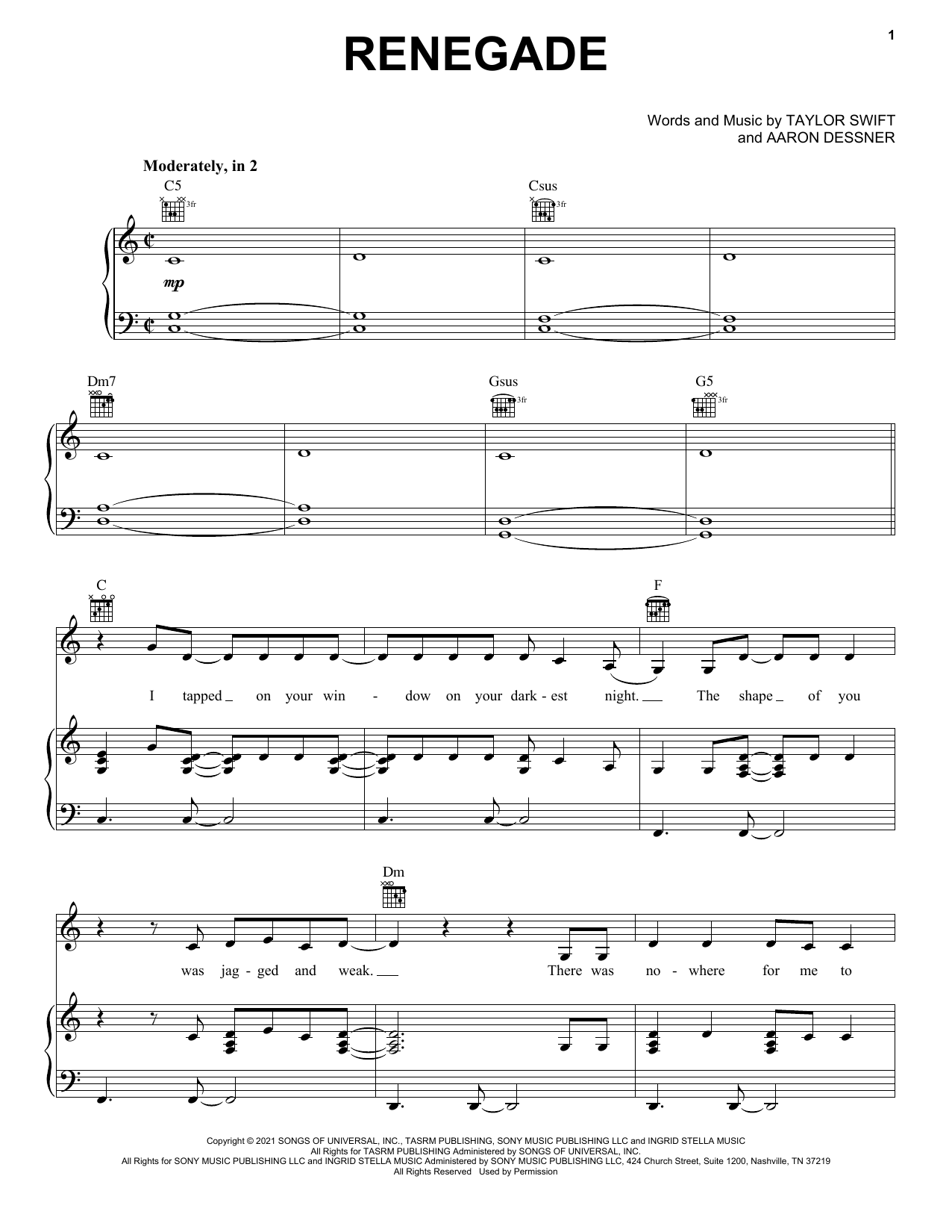 Big Red Machine Renegade (feat. Taylor Swift) Sheet Music