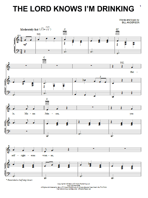 Bill Anderson The Lord Knows I'm Drinking Sheet Music