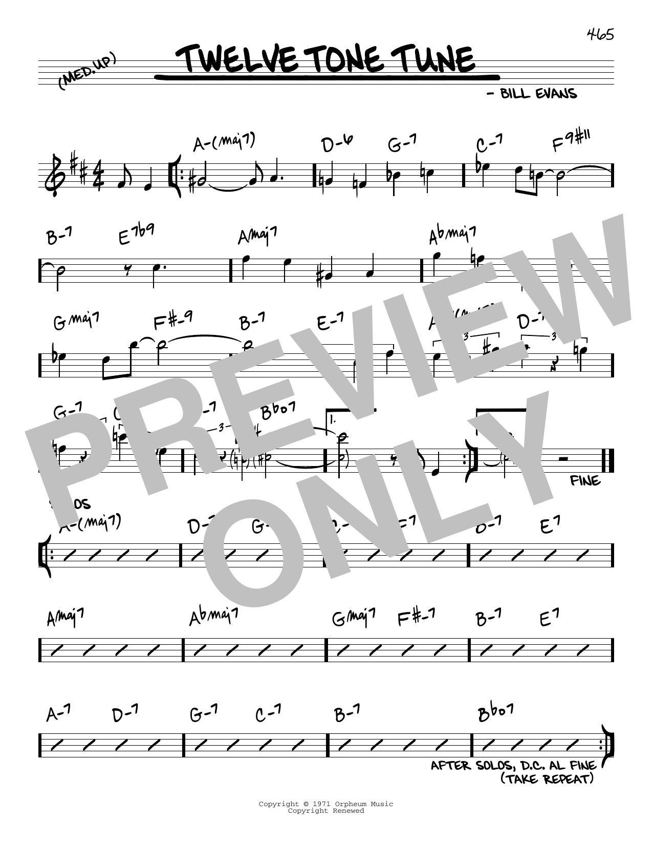 Bill Evans Twelve Tone Tune Sheet Music