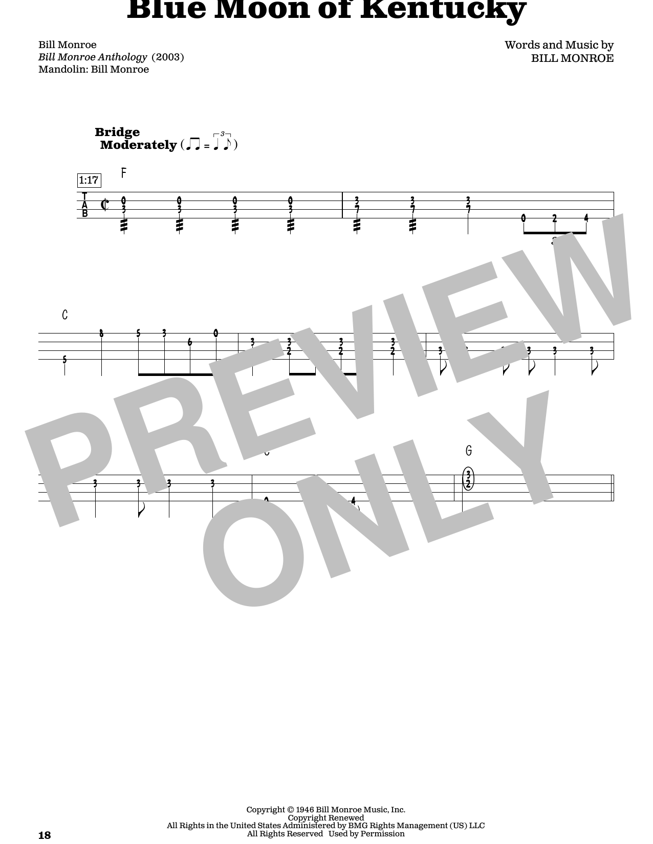 Bill Monroe Blue Moon Of Kentucky (arr. Fred Sokolow) Sheet Music