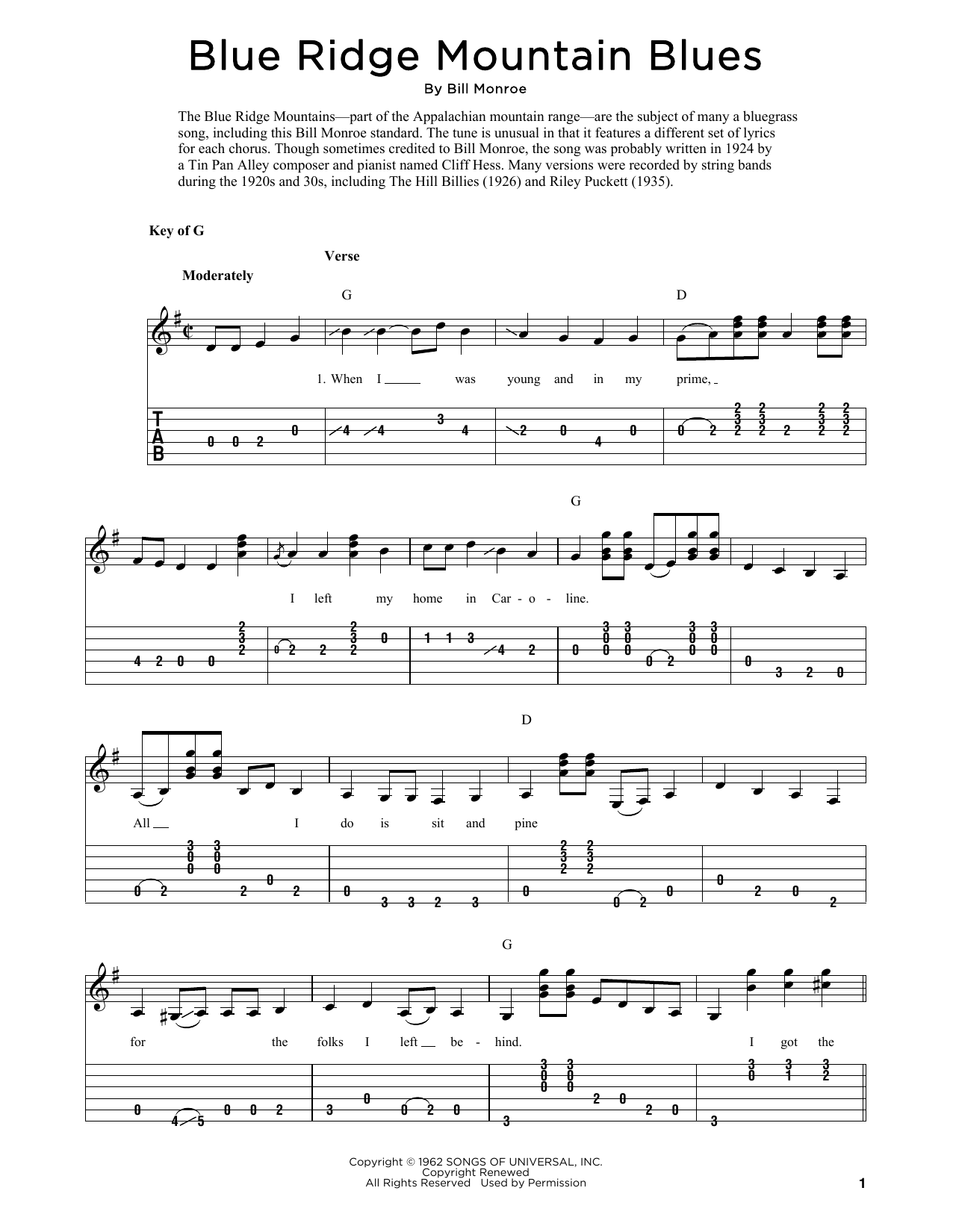 Bill Monroe Blue Ridge Mountain Blues (arr. Fred Sokolow) Sheet Music