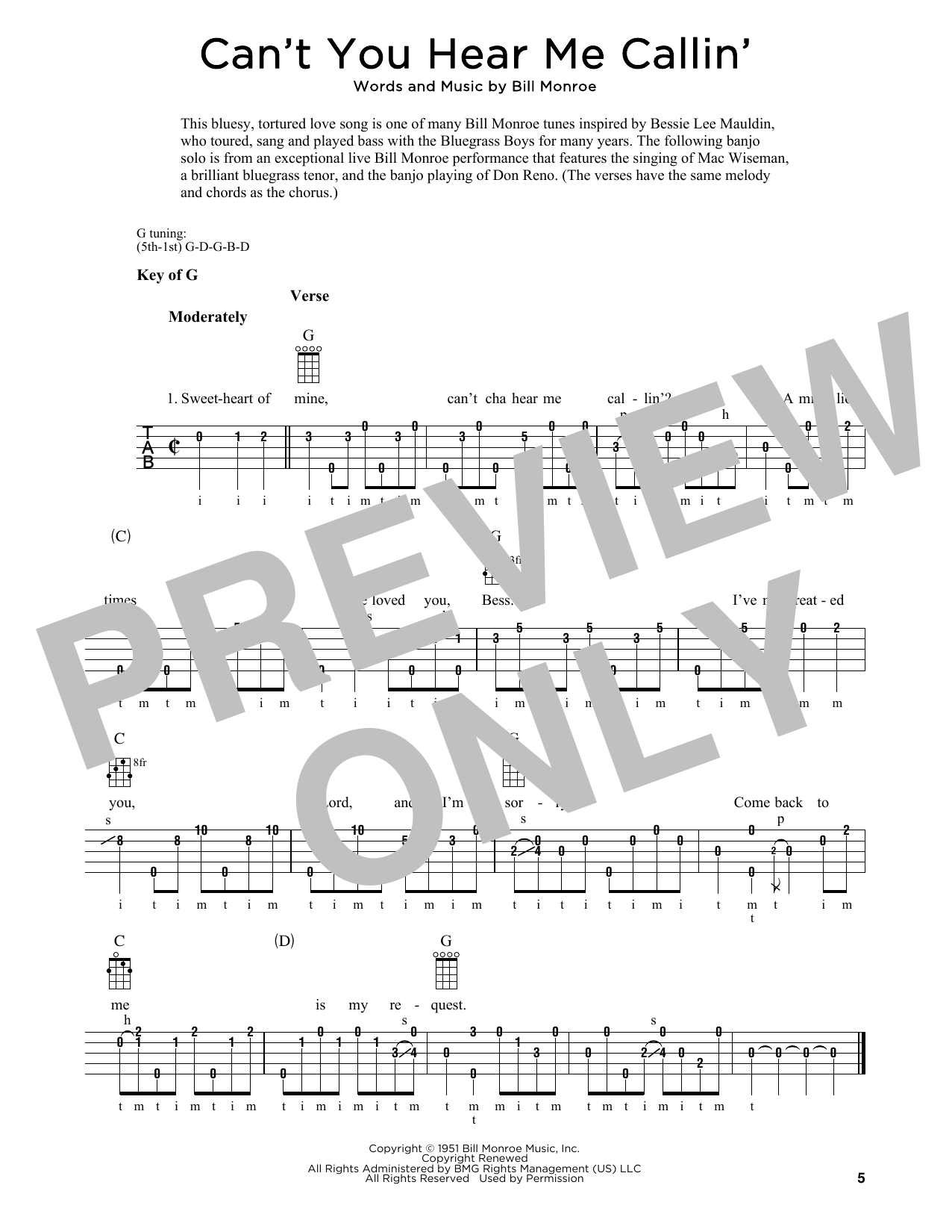 Bill Monroe Can't You Hear Me Callin' (arr. Fred Sokolow) Sheet Music